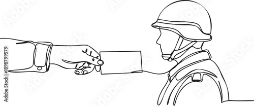 A soldier receives a letter from an outstretched hand in a simple line drawing illustration
