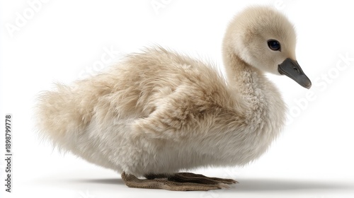 Cute baby swan, fluffy feathers, white background, animal portrait isolated on White Background
