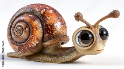 Cute snail, cartoon character, brown shell, big eyes isolated on White Background