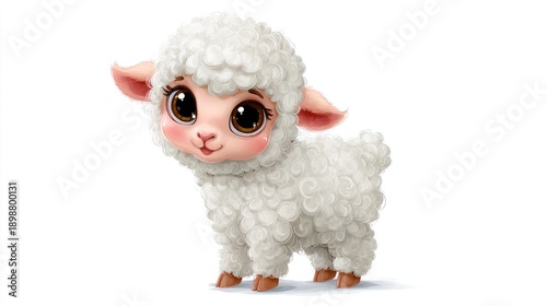 adorable baby lamb cartoon character, fluffy wool, small legs, big eyes