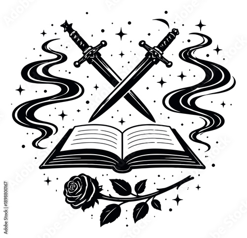 Mystical hand drawn line art illustration of crossed swords, an open book, and a rose depicting magic and adventure for spiritual concepts