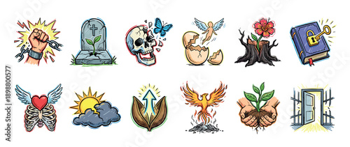 Collection of twelve colorful hand-drawn icons representing concepts of rebirth, hope, freedom, and new beginnings, including a phoenix, sprouting grave, and broken chains