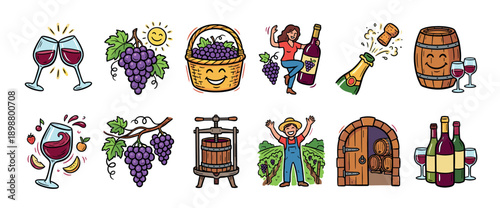 Collection of cute cartoon wine illustrations depicting the entire winemaking process from grape harvesting and pressing to bottling, aging in barrels, and celebratory drinking
