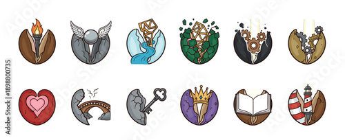 Collection of twelve fantasy game icons in a cartoon style, featuring symbolic elements like a torch, heart, key, crown, and gears emerging from cracked shells