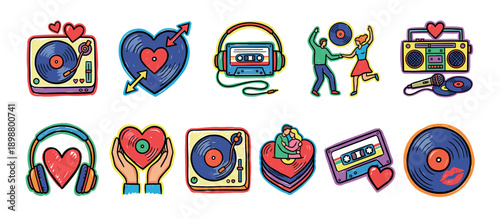 Vibrant collection of hand-drawn retro music and love themed illustrations featuring vinyl records, cassette tapes, dancing couples, and hearts in a fun doodle art style