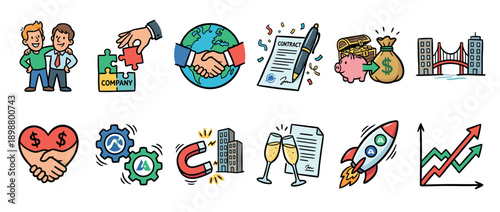Collection of colorful business icons illustrating concepts of partnership, finance, global deals, and startup growth in a friendly, hand-drawn cartoon doodle style for presentations