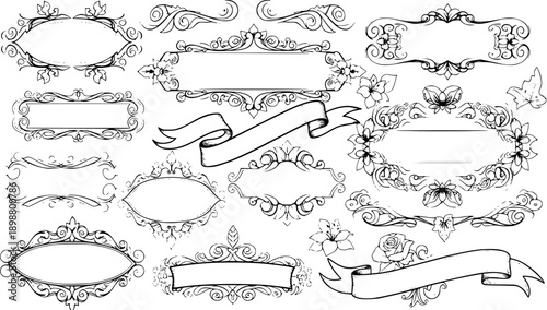 Hand drawn frames and banners. Classic calligraphy swirls, swashes, floral motifs. Good for greeting cards, wedding invitations, restaurant menu, royal certificates and graphic design.