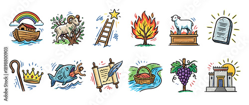 Collection of colorful hand-drawn biblical icons depicting famous Old Testament stories like Noah's Ark, the burning bush, and the Ten Commandments in a doodle cartoon style