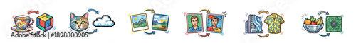 Set of six colorful hand-drawn illustrations showing various transformations and conversions between objects, symbolizing creative processes, data processing, and digital generation