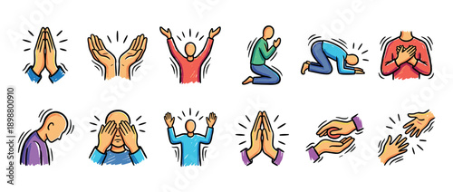 Colorful set of hand-drawn icons showing people and hands in various poses of prayer, worship, and spiritual devotion in a simple doodle illustration style