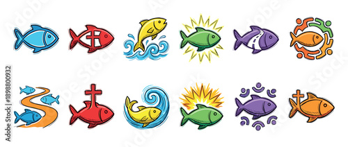 Set of colorful Christian fish symbol icons in a hand-drawn doodle style showing various religious concepts like faith, community, the cross, and evangelism for church branding