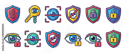 Vibrant set of cybersecurity and data protection icons in a cartoon style, including fingerprint shields, eye scanners, padlocks, and anti-malware symbols for digital safety