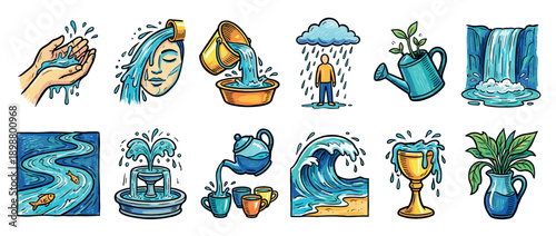 Colorful set of hand-drawn water icons showing various forms and uses, including a waterfall, river, rain, fountain, wave, and pouring from a bucket, pitcher, and teapot