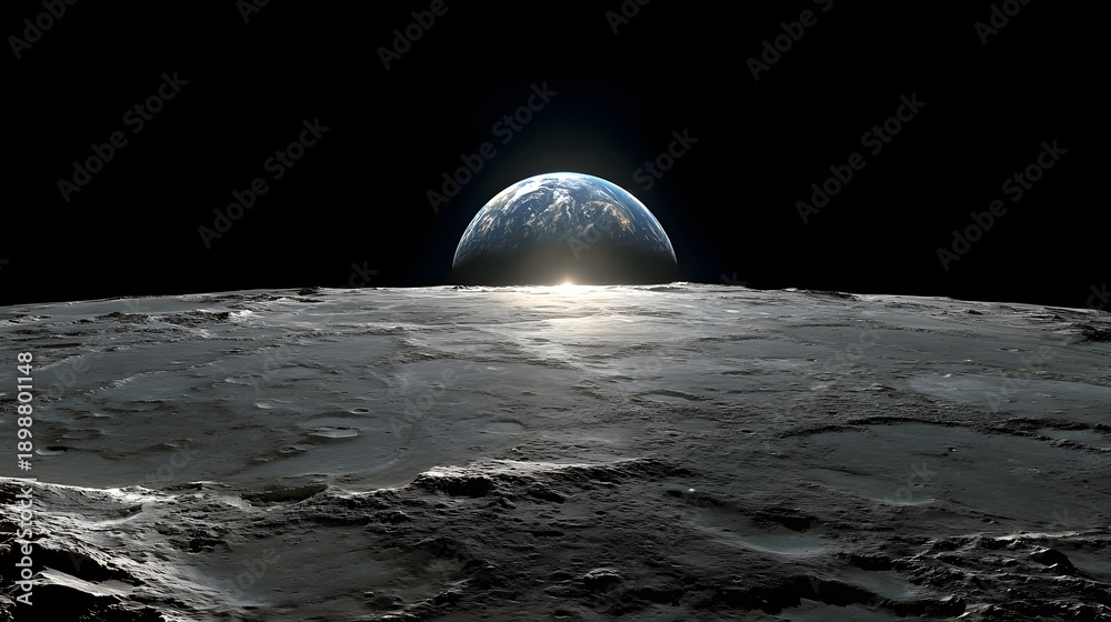 Fototapeta premium Earth rising above lunar surface with sunrise illuminating moon landscape against deep space horizon
