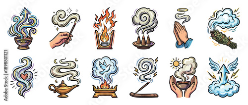 Collection of colorful spiritual ritual icons featuring incense, smoke, smudge sticks, praying hands, and esoteric symbols in a hand-drawn doodle style for meditation concepts