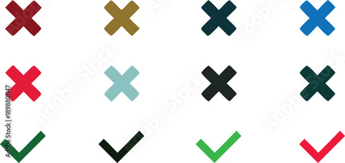 Cross and check mark icons set in multiple colors, flat vector symbols for approve, reject, confirm, and cancel ui actions