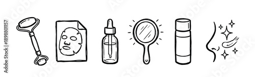 Set of hand-drawn skincare and beauty icons including a face roller, sheet mask, serum, mirror, and lipstick in a simple black and white doodle style illustration for cosmetics