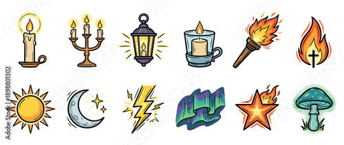 Colorful collection of hand-drawn doodle icons representing light, nature, and magic, featuring a candle, sun, moon, lightning, torch, aurora, and a fantasy mushroom