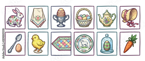 Collection of hand-drawn vintage Easter illustrations featuring a bunny, chick, decorated eggs, basket, and other spring symbols in a charming, nostalgic sketch style