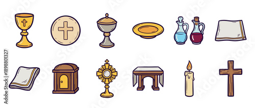 Set of hand-drawn Catholic liturgical objects for Mass and Holy Communion, including a chalice, host, monstrance, cross, and other religious symbols in a colorful doodle style