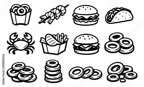 Hand drawn line art food icons set featuring burgers, tacos, shrimp skewers, crabs, onion rings, and fish with fries for restaurant menus and packaging