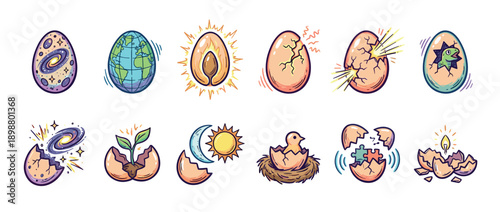 Diverse collection of twelve illustrated eggs showcases concepts of life, creation, and ideas, featuring a hatching dinosaur, a growing sprout, planet earth, and a galaxy