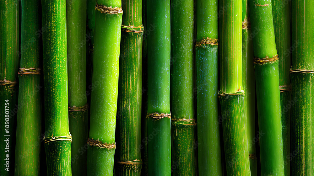 Fototapeta premium Closeup of vibrant green bamboo stalks with visible nodes and natural texture