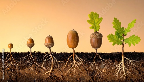 Oak Tree Growth Stages - From Acorn to Sapling with Root System.