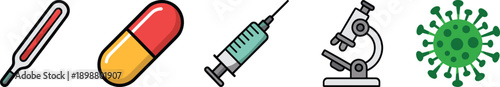 Set of Professional Medical and Laboratory Icons Featuring Thermometer Pill Capsule Syringe Microscope and Virus Cell Symbols in Detailed Outline Style