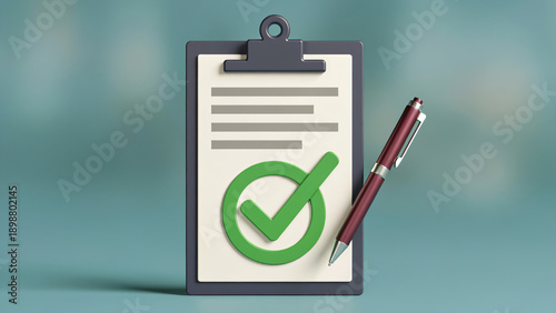 A 3D rendering depicts a dark-red pen, a gray clipboard with a sheet of paper that has lines of text and a prominent green checkmark within a circular outline in the lower center.