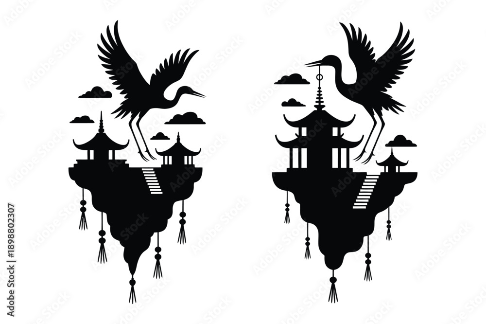 Fototapeta premium Silhouette of Cranes Flying Over Asian Pagoda Islands