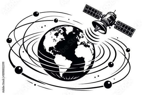 Line art illustration of a satellite orbiting Earth depicting global communication for modern technology