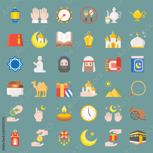 Mega Set of Islamic Religious Icons 36 Colorful Flat Vectors for Ramadan Eid and Hajj Celebration