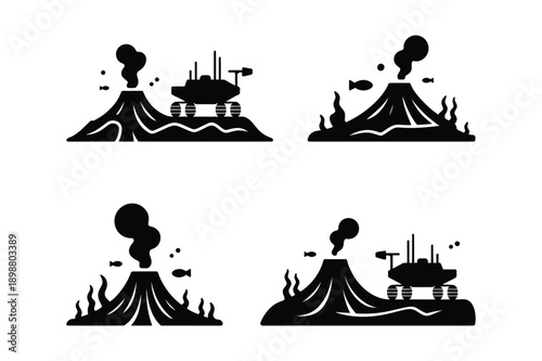 Volcano Erupting with Rover and Fish Silhouettes in Lava