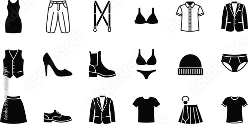 Clothing icons silhouette vector set, men and women apparel collection, fashion garments symbols, black wardrobe illustration
