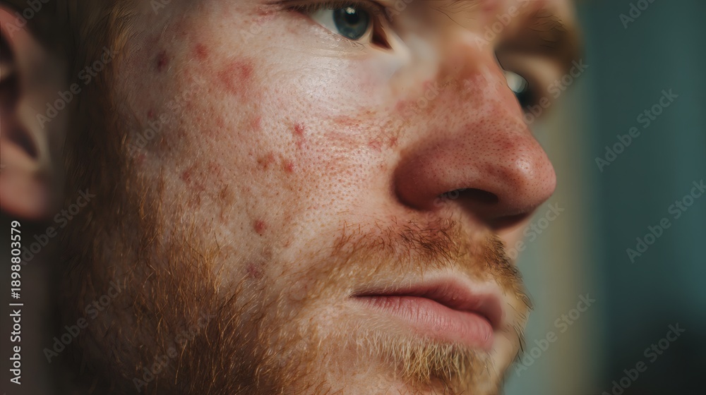 Obraz premium Close-up of a person's face with red hair, beard, and visible facial blemishes. The skin texture is detailed, highlighting redness and freckles. The expression is neutral, focusing on the profile