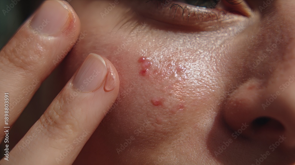 Fototapeta premium Close-up of a person's face with a finger touching the cheek where several red acne spots are visible. The skin is shiny, highlighting pores and texture, revealing a natural complexion