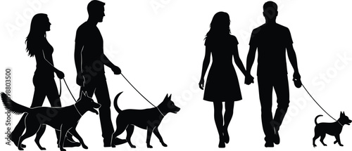 Couple walking dogs silhouettes, romantic partners strolling with pets, black and white family lifestyle illustration concept