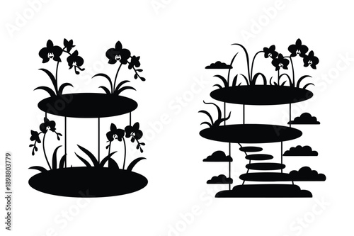 Orchid flower arrangements on platforms with clouds