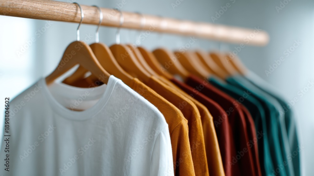 Obraz premium A beautifully arranged collection of colorful T-shirts hanging on a wooden rack, showcasing vibrant colors perfect for casual or everyday wear. Great style inspiration.