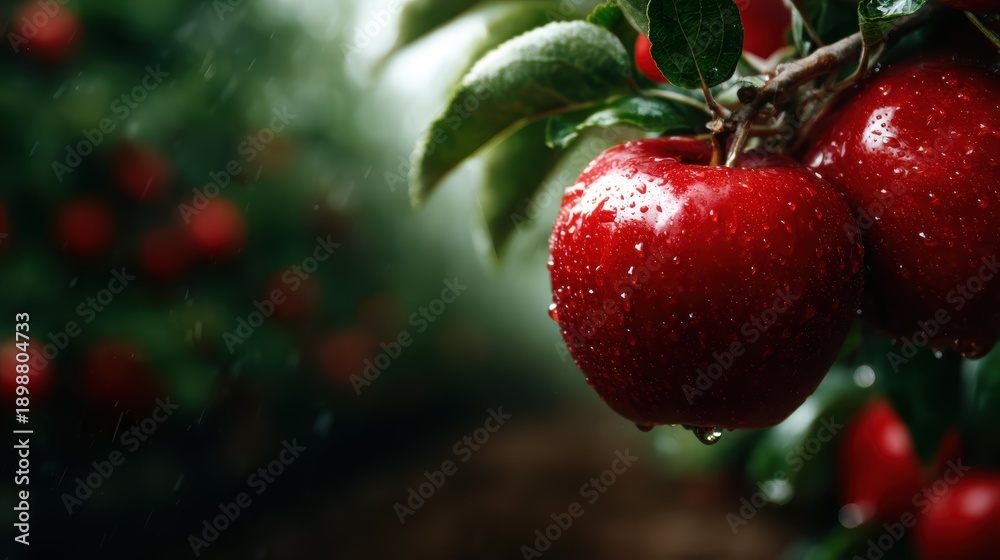 Obraz premium A vibrant close-up of a fresh red apple glistening with droplets of water, symbolizing freshness, vitality, and the beauty of nature in a fruit-filled environment.