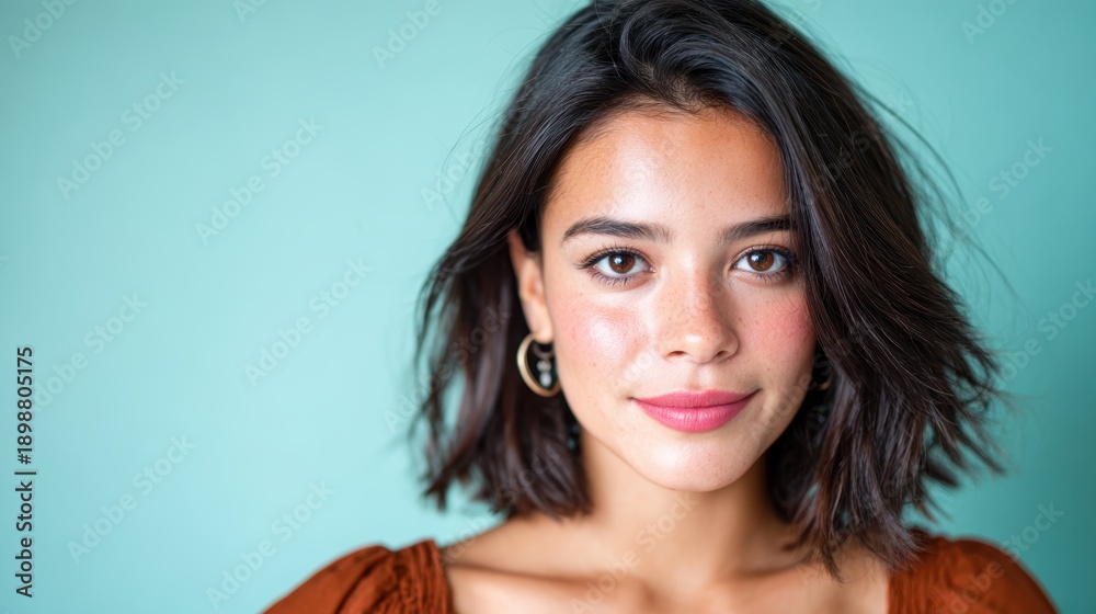 Fototapeta premium A close-up portrait of a young woman smiling softly with brown hair and natural makeup, embodying warmth and confidence against a light teal background.