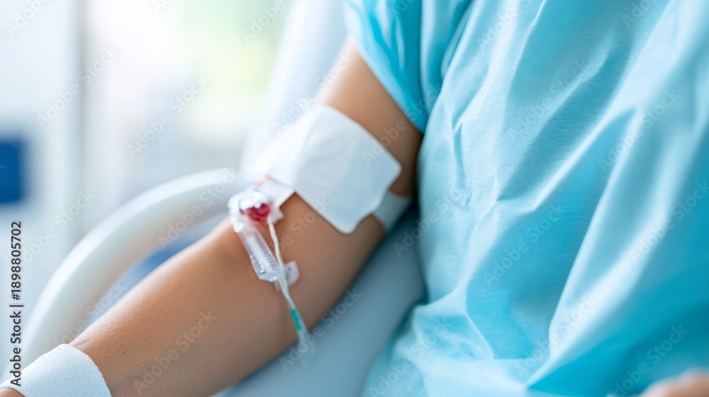 Fototapeta premium Close-up of a patient's arm receiving an IV infusion, highlighting medical treatment and recovery, Patient Care, Medical Treatment
