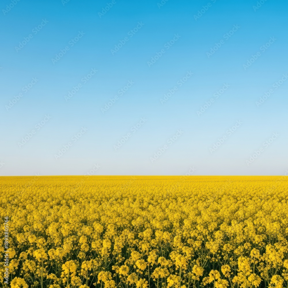 Fototapeta premium A vibrant yellow flowering field of rapeseed stretches toward the horizon under a vast, cloudless blue sky during the sunny spring season, golden, agriculture, summer
