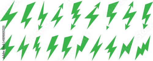 green lightning bolt icon collection electric energy power symbol set variations isolated background.