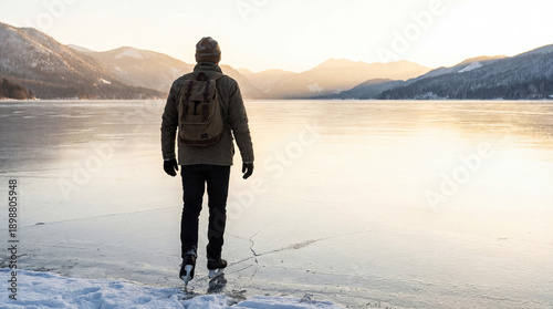 Winter lake view with a person standing on the ice looking at the mountains. Winter landscape includes serene lake, snow-covered mountains in the background, and person wearing a backpack.