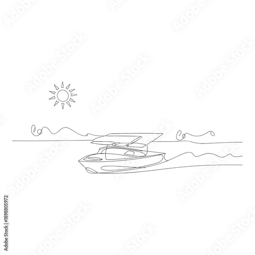 Speedboat cruising on sunny waters with wavy lines