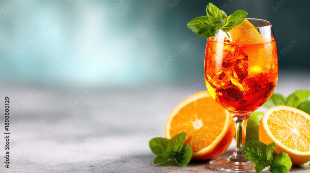 Fototapeta premium An inviting glass of refreshing drink is adorned with mint and citrus slices, perfect for relaxation, symbolizing summer and delightful moments shared with friends and family.