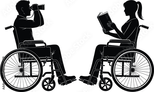 Disabled people silhouette illustration, man using binoculars and woman reading book in wheelchair, accessibility lifestyle, black vector inclusion concept design