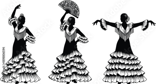 Flamenco dancer silhouette illustration set, Spanish traditional dance with fan and ruffled dress, black vector cultural performance icons collection